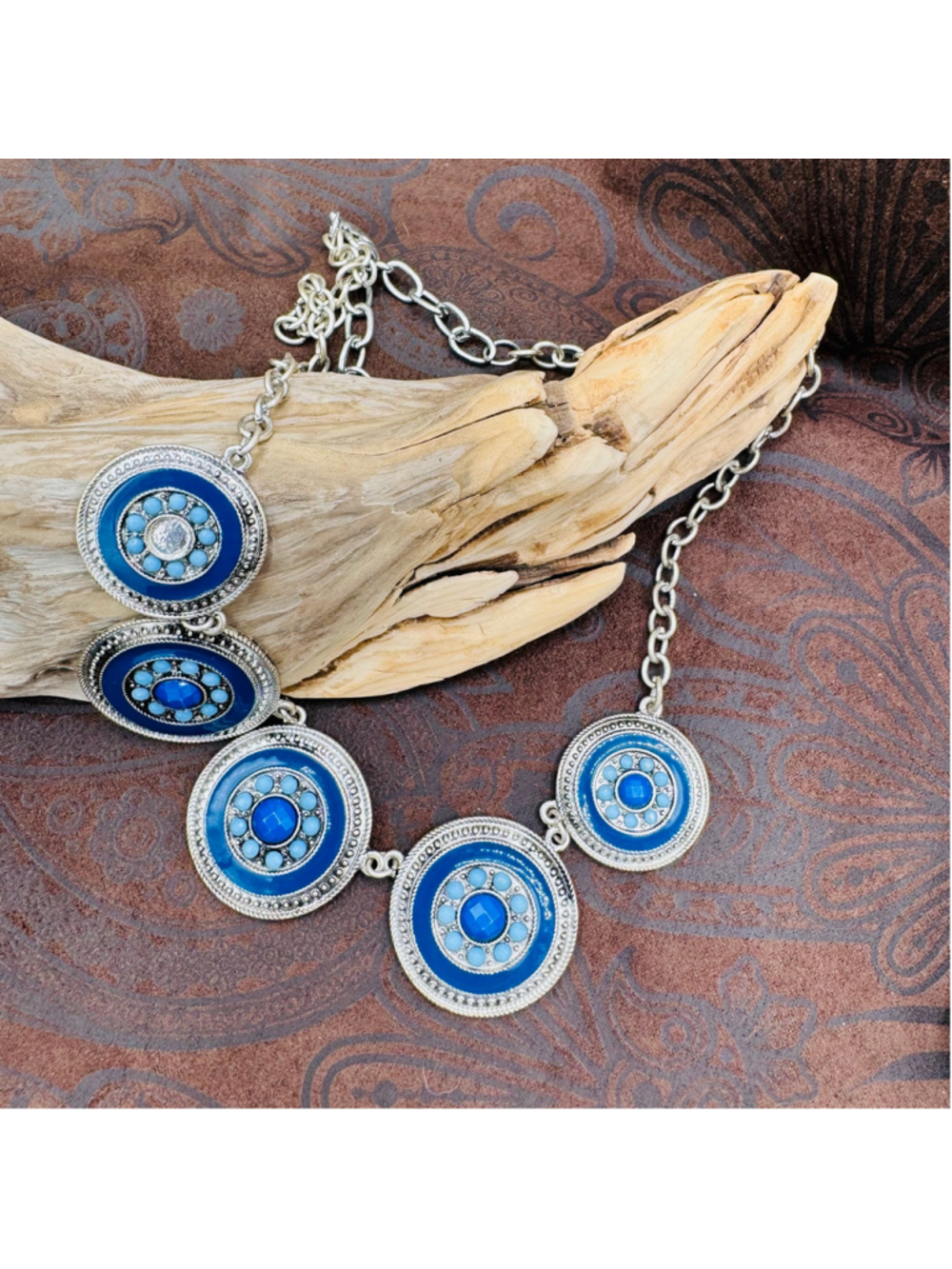 Boho Blue Enamel Medallion Statement Necklace